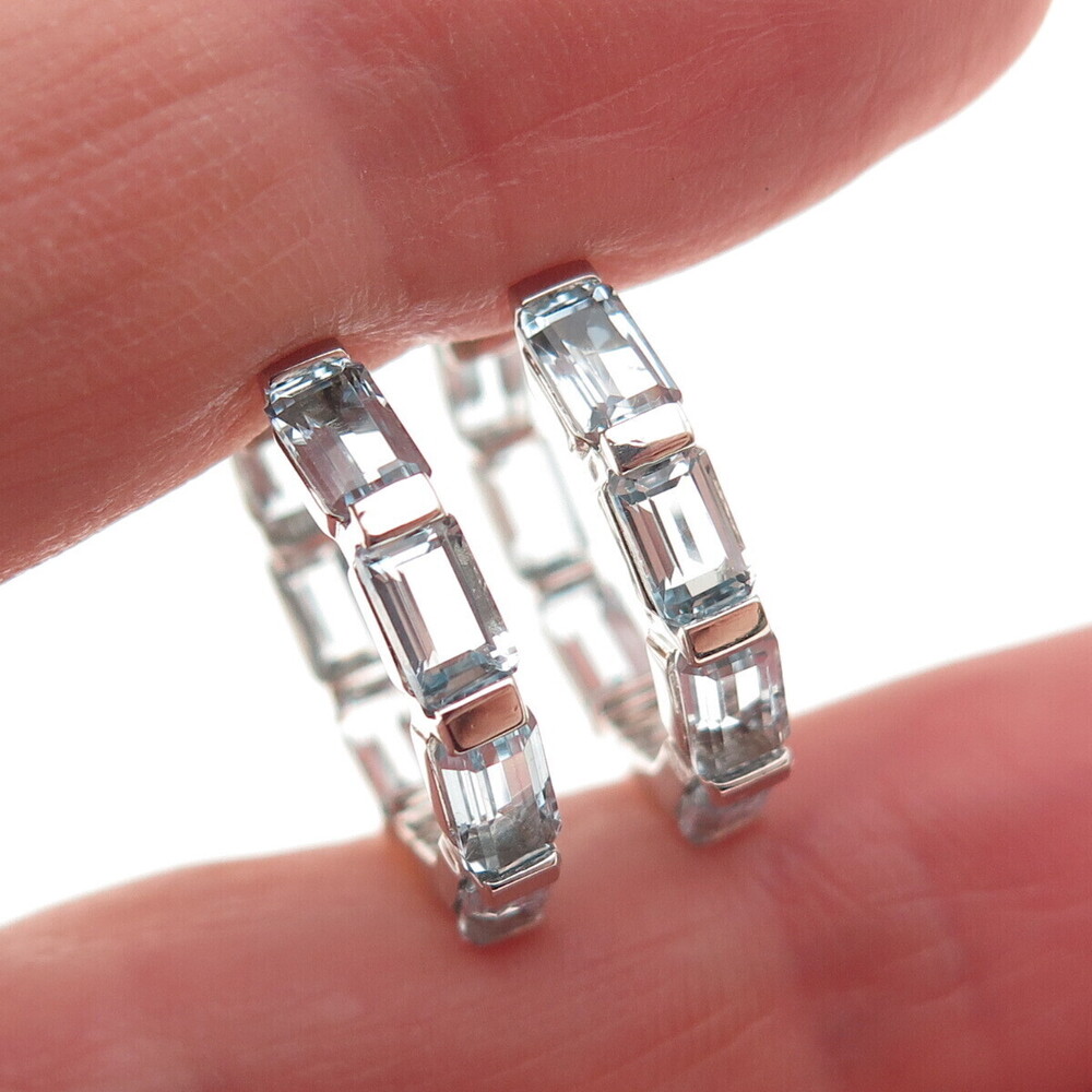 925 Sterling Silver Real Emerald-Cut Blue Topaz Hoop Earrings